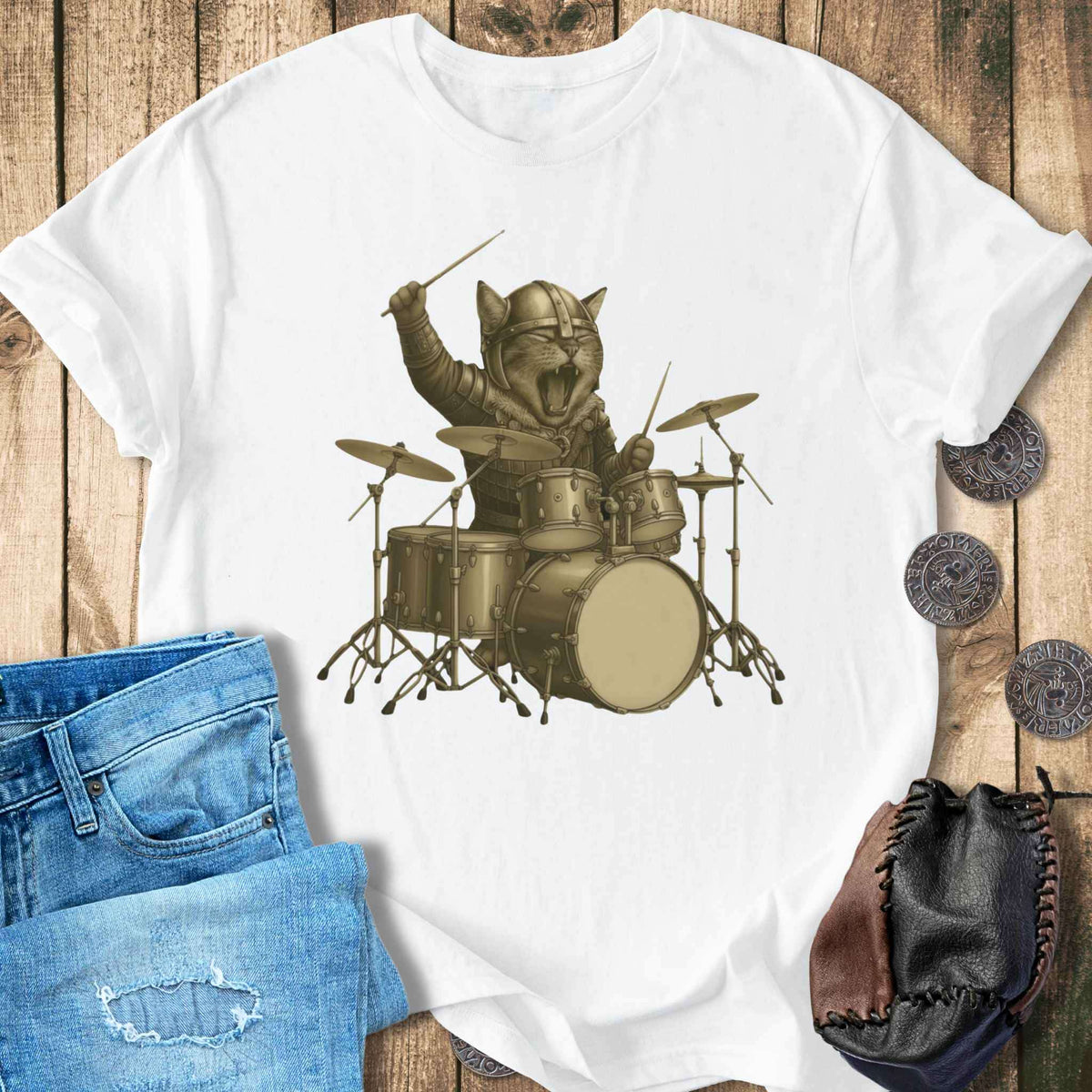 T-Shirt Viking Drummer Kitten – Norse Warrior Rock T-Shirt Unisex Sizes S-2XL Funny Shirt Gift