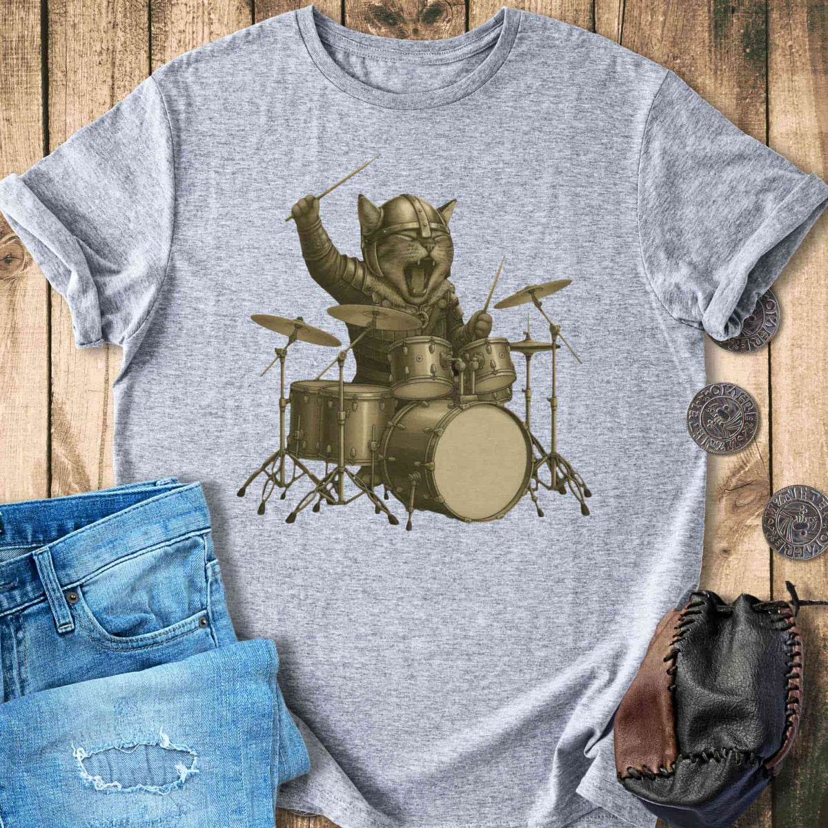 T-Shirt Viking Drummer Kitten – Norse Warrior Rock T-Shirt Unisex Sizes S-2XL Funny Shirt Gift