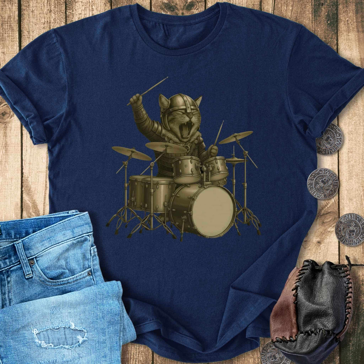 T-Shirt Viking Drummer Kitten – Norse Warrior Rock T-Shirt Unisex Sizes S-2XL Funny Shirt Gift