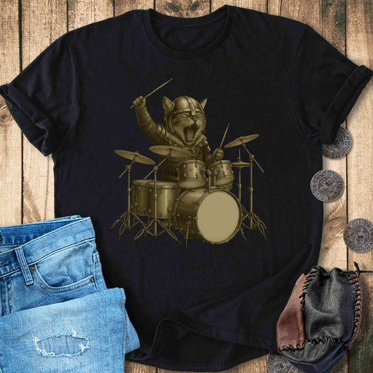 T-Shirt Viking Drummer Kitten – Norse Warrior Rock T-Shirt Unisex Sizes S-2XL Funny Shirt Gift