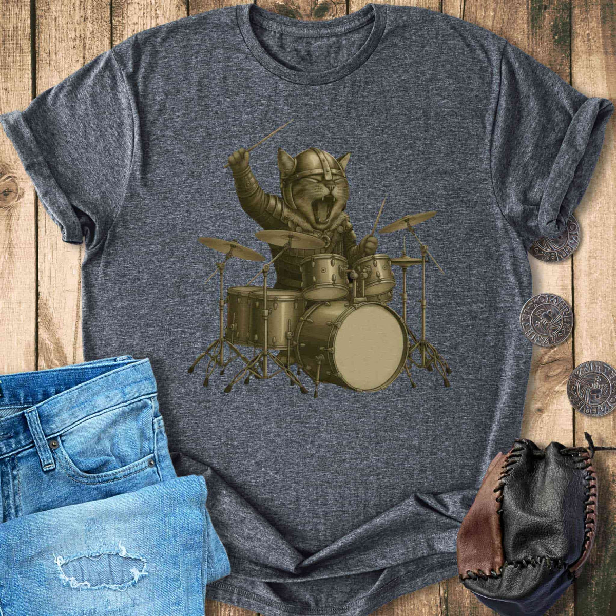 T-Shirt Viking Drummer Kitten – Norse Warrior Rock T-Shirt Unisex Sizes S-2XL Funny Shirt Gift