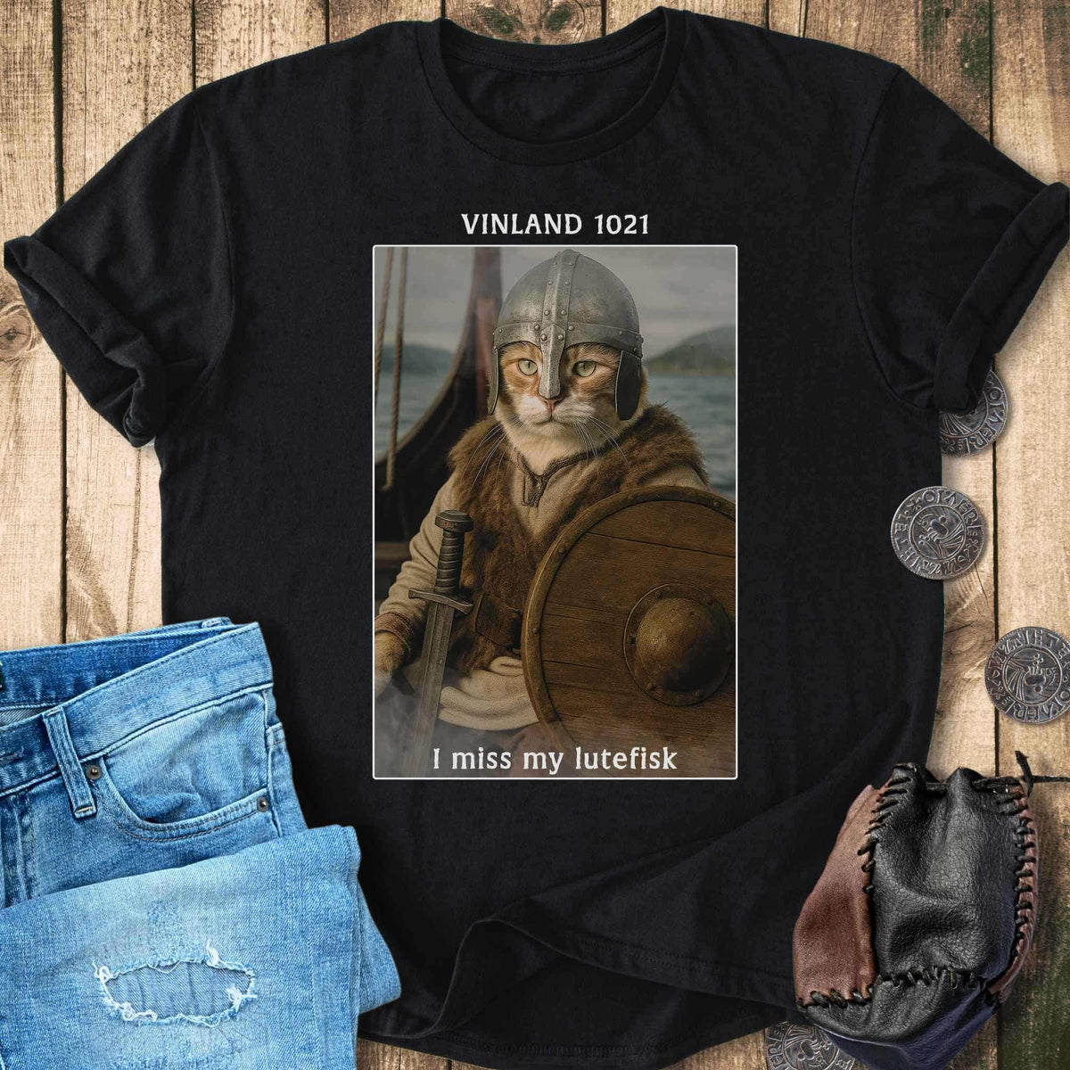 T-Shirt Vinland 1021 - I Miss My Lutefisk – Viking Cat T-shirt Unisex Sizes S-2XL Funny Shirt Gift