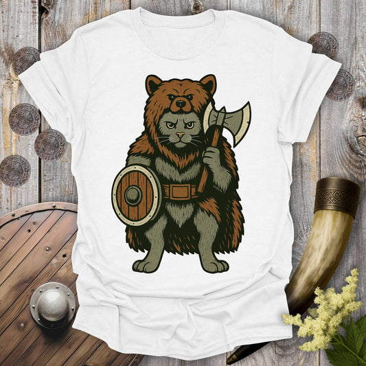 T-Shirt White / S Berserker Cat in Bear Skin Viking Warrior T-Shirt