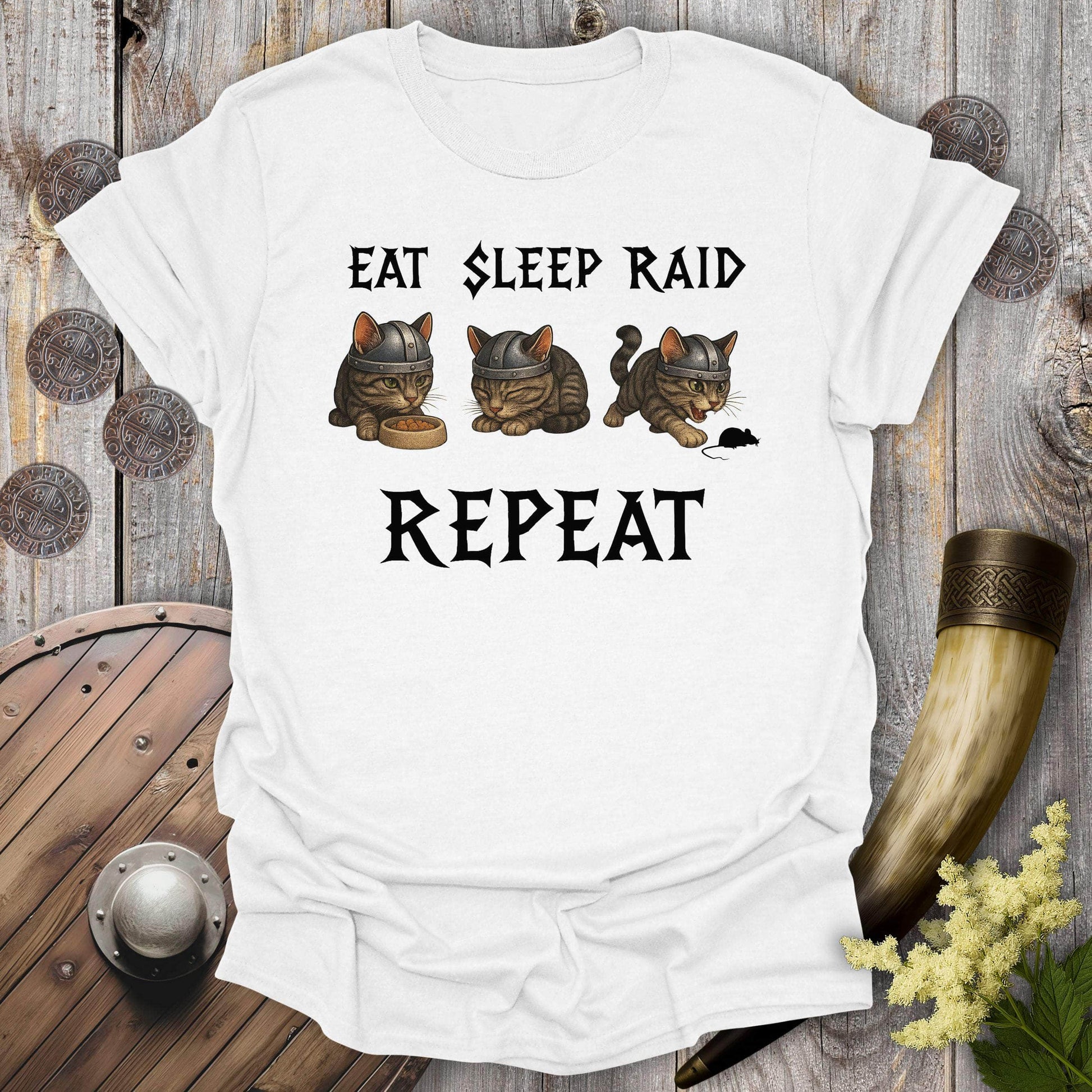 T-Shirt White / S Eat Sleep Raid Repeat Viking Cat T-shirt