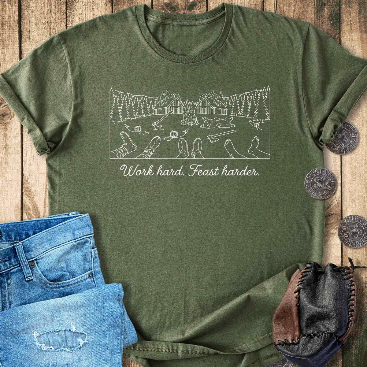 T-Shirt Work Hard. Feast Harder - Funny Viking Minimalist T-shirt Unisex Sizes S-2XL Funny Shirt Gift