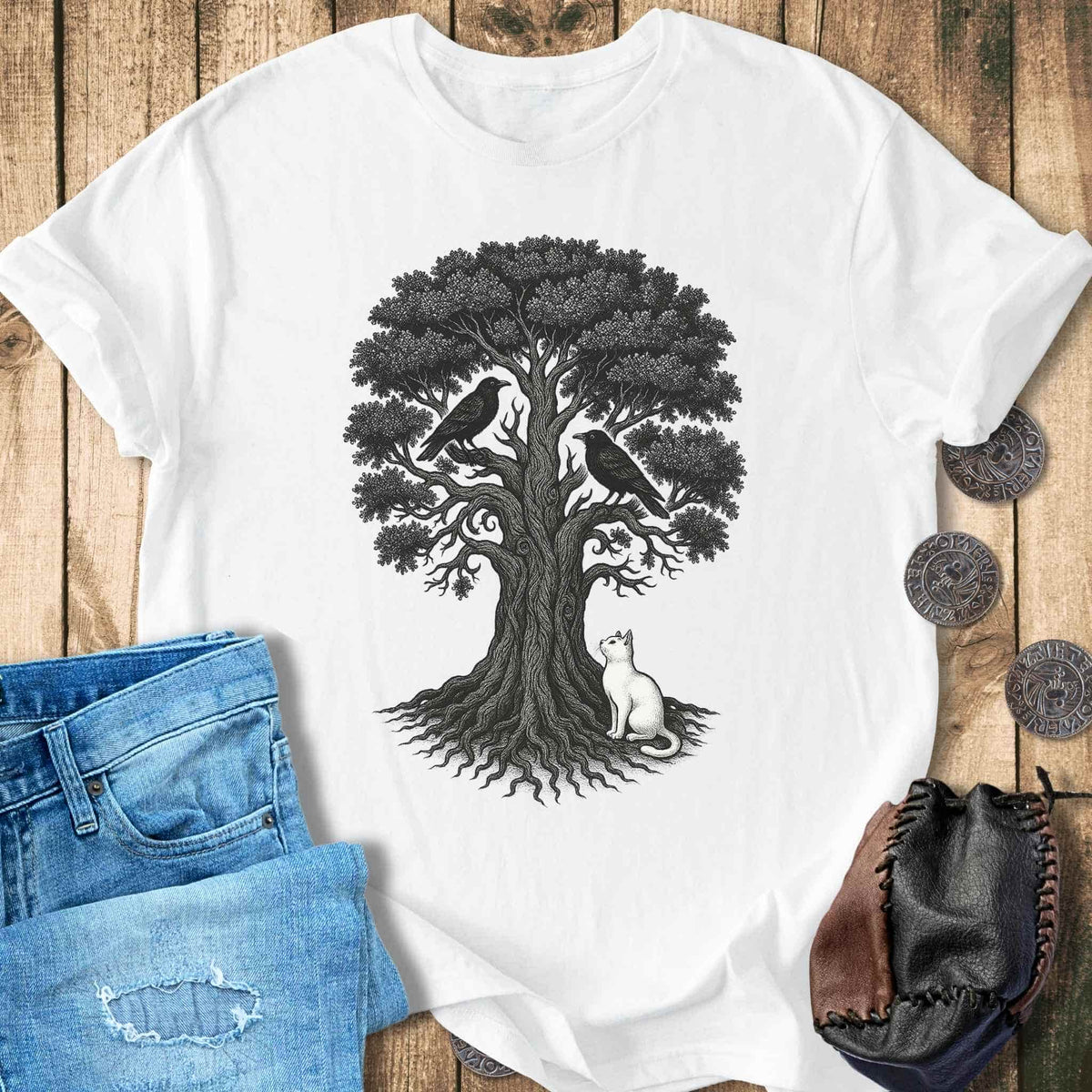 T-Shirt Yggdrasil, the Cat & the Ravens - Norse World Tree T-shirt Unisex Sizes S-2XL Funny Shirt Gift
