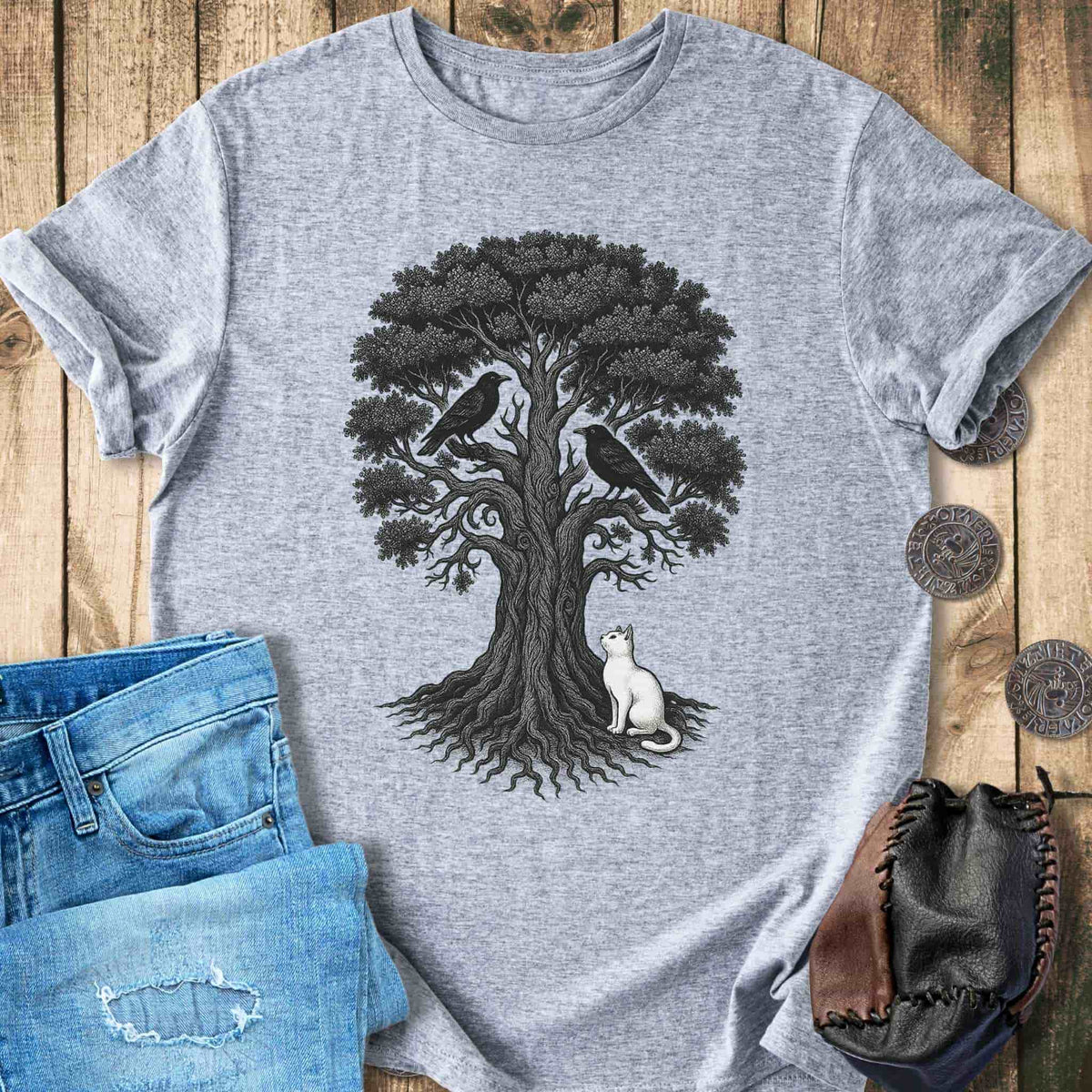 T-Shirt Yggdrasil, the Cat & the Ravens - Norse World Tree T-shirt Unisex Sizes S-2XL Funny Shirt Gift