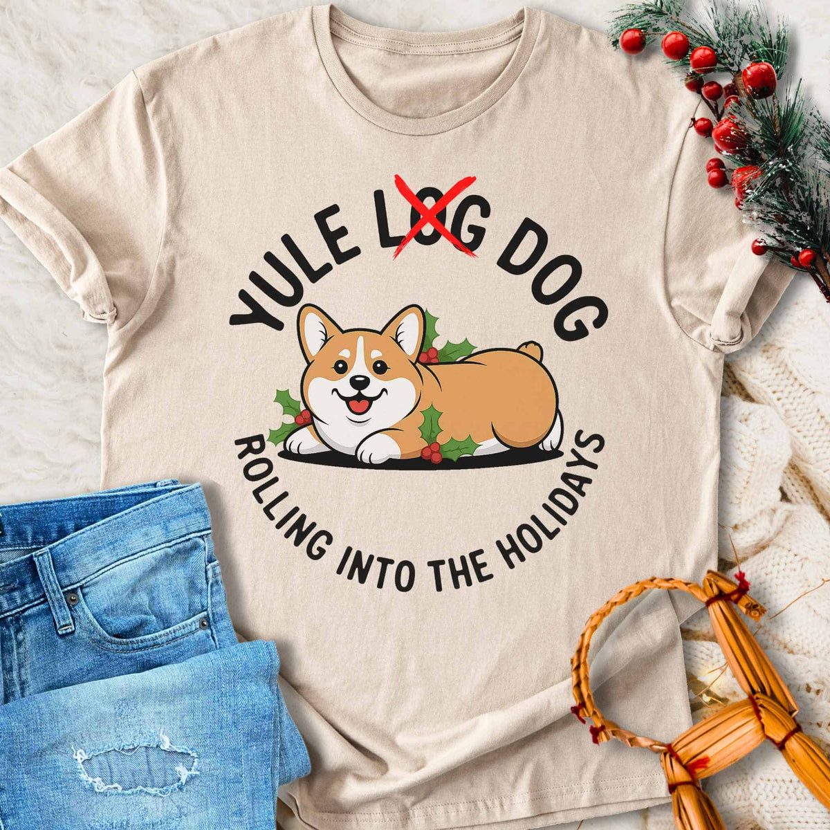 T-Shirt Yule Log Dog - Funny Yuletide Holiday T-shirt Unisex Sizes S-2XL Funny Shirt Gift