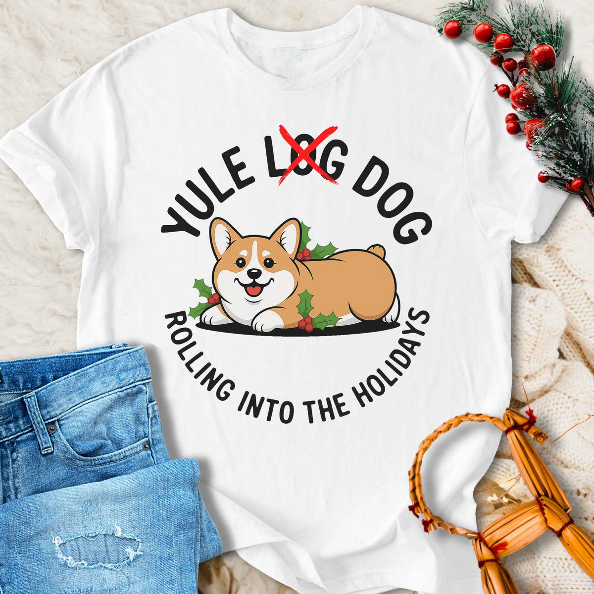 T-Shirt Yule Log Dog - Funny Yuletide Holiday T-shirt Unisex Sizes S-2XL Funny Shirt Gift