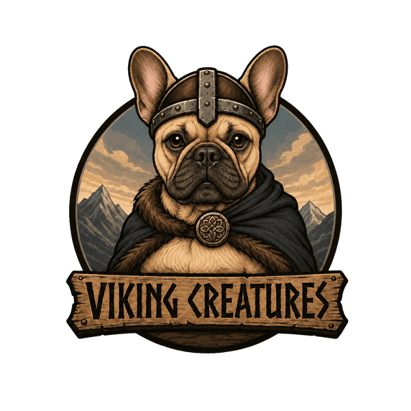 A stylized illustrated dog wearing a Viking helmet and dark cape, centered inside an oval scene with mountains and a cloudy sky. Below the oval is a wooden sign reading “VIKING CREATURES".